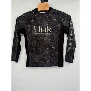 Men's Huk‎ Camo Black Long Sleeve Shirt Hood Sz S
